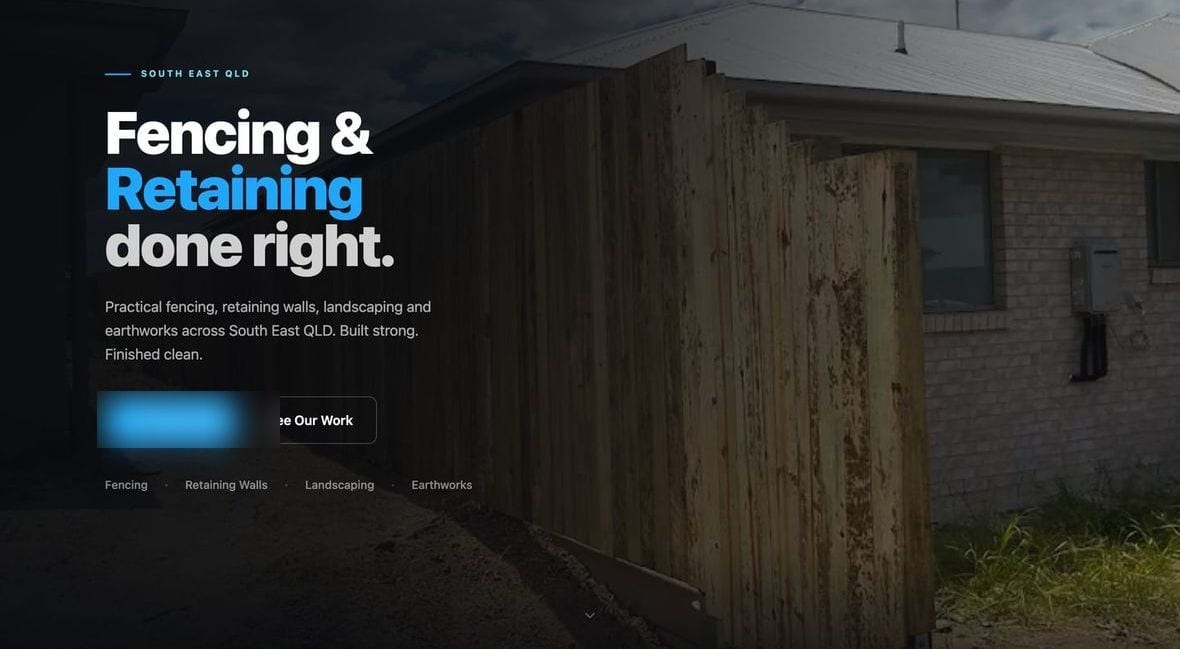 Melbourne Fencing Pros website on desktop, showing a full-width hero photo of a completed Colorbond fence with a request-a-quote button. Contact details are blurred in this example.
