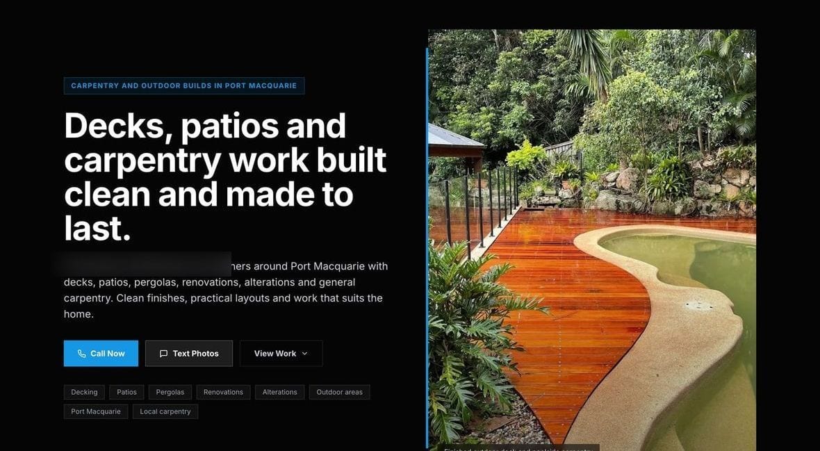 RG Carpentry website on desktop, showing a curved-deck hero photo with a full grid of real project photos below. Contact details are blurred in this example.