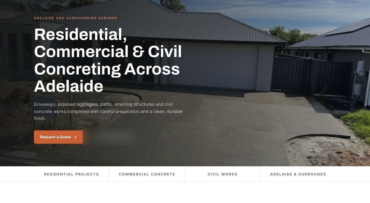Adelaide Concrete and Civil website on desktop, showing a jobsite hero with service categories. Contact details blurred.