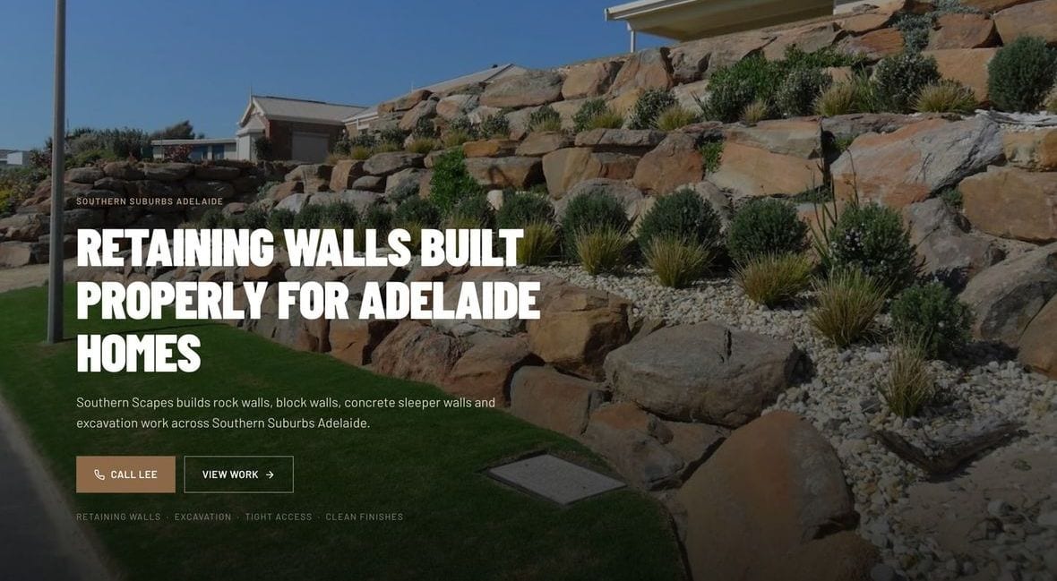 Southern Scapes Landscaping website on desktop, showing a full-width hero photo of a completed landscaping project. Contact details are blurred in this example.