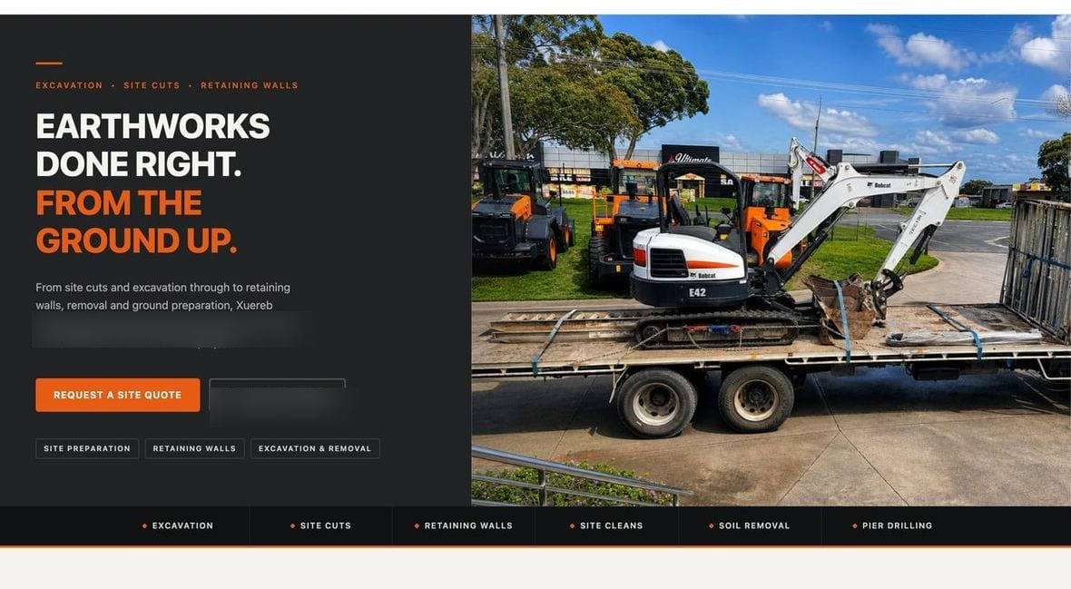 Xuereb Earthworks website on desktop, with excavation machinery across the hero.