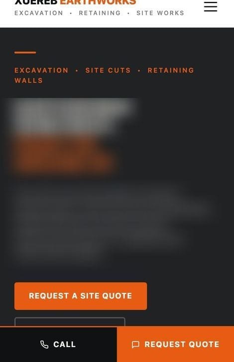 Xuereb Earthworks on a phone, with a request-a-quote button in the bottom bar.