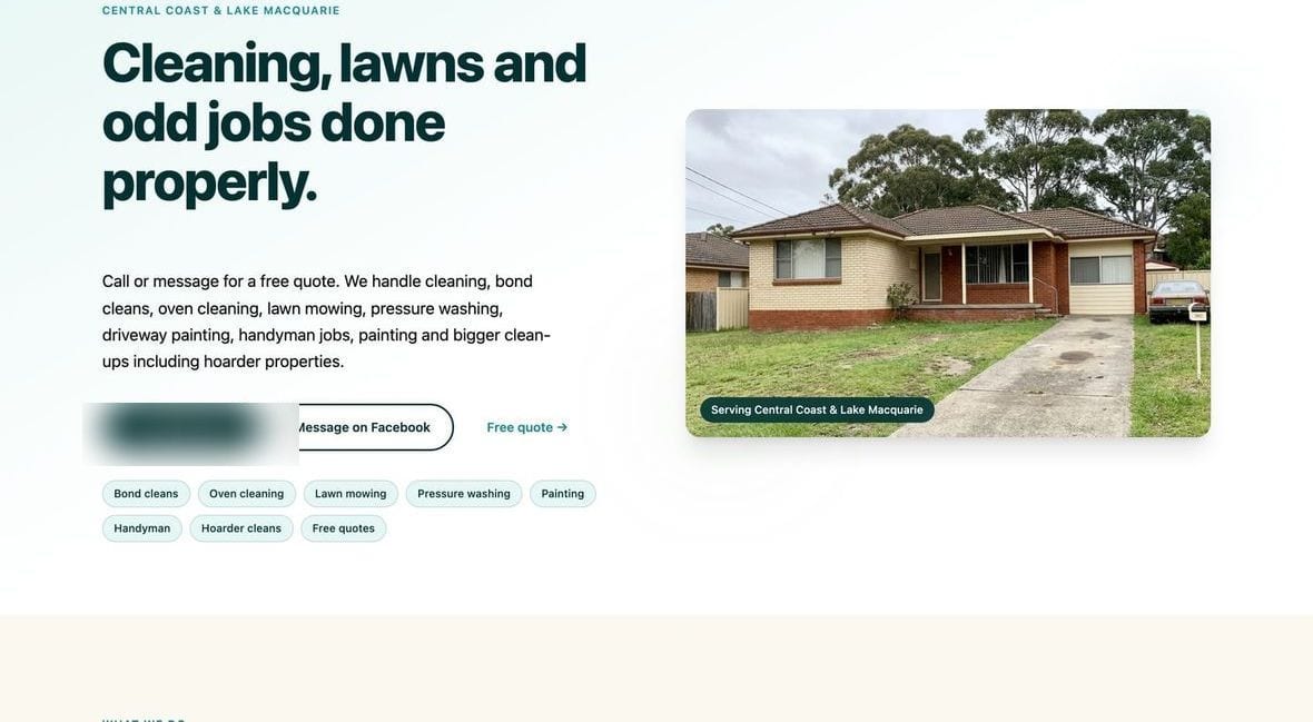Central Coast Clean and Fresh website preview on desktop, showing the homepage with services and a quote path. Contact details blurred.