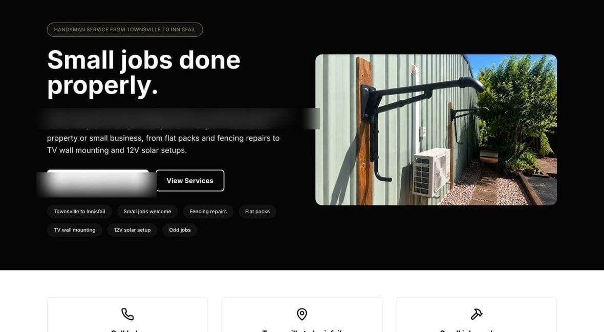 Aus Opal Man Handyman website on desktop, showing a service list and booking button. Contact details are blurred in this example.