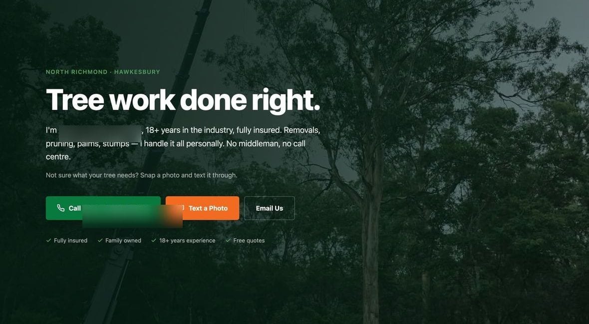 Austin's Tree Contracting website on desktop, showing equipment photos and an enquiry form. Contact details are blurred in this example.