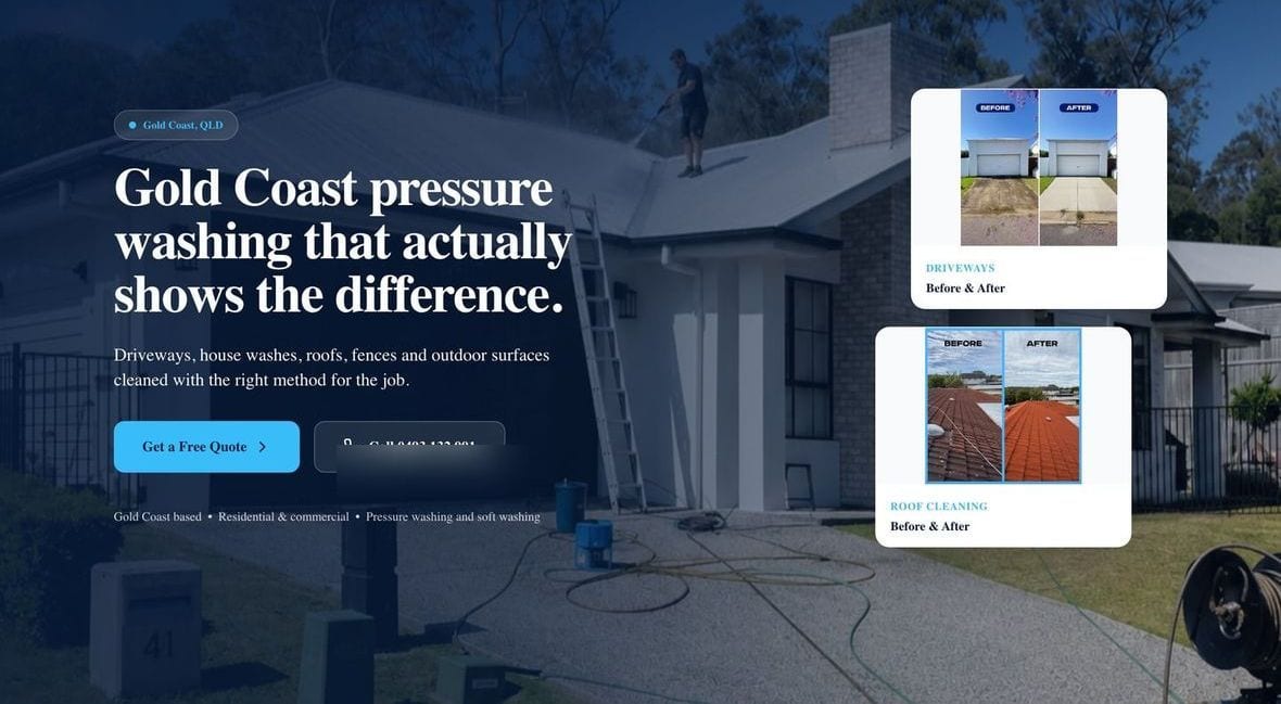 Bison Pressure Washing website on desktop, showing before-and-after photos and a service list. Contact details are blurred in this example.