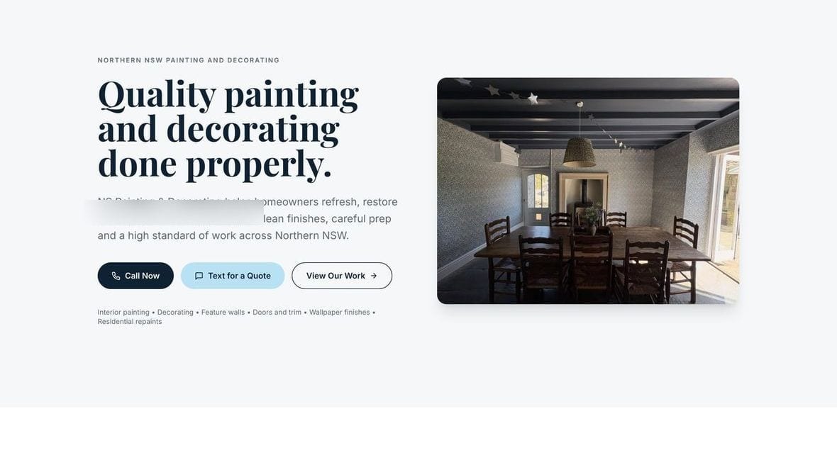 NS Painting and Decorating website on desktop, showing an elegant hero with a six-photo gallery of real painting projects. Contact details are blurred in this example.