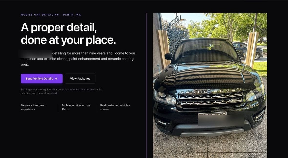 Walton's Precision Auto Detailing website on desktop, showing a premium dark hero with a real customer car. Contact details are blurred in this example.